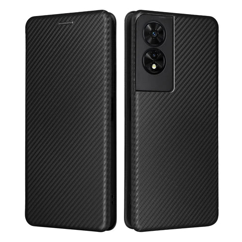 For TCL 505 Phone Case Carbon Fiber Texture Leather Magnetic Closing Shell - Black - 1
