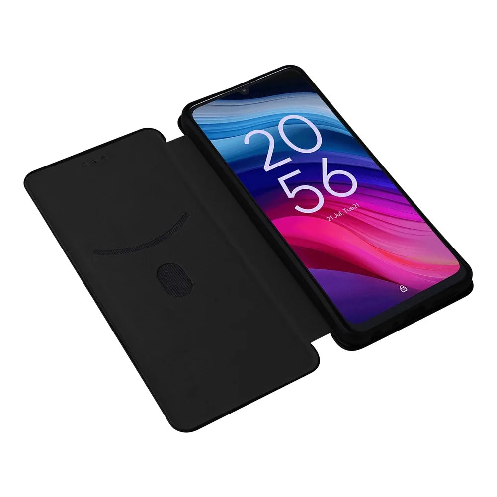For TCL 505 Phone Case Carbon Fiber Texture Leather Magnetic Closing Shell - Black - 2