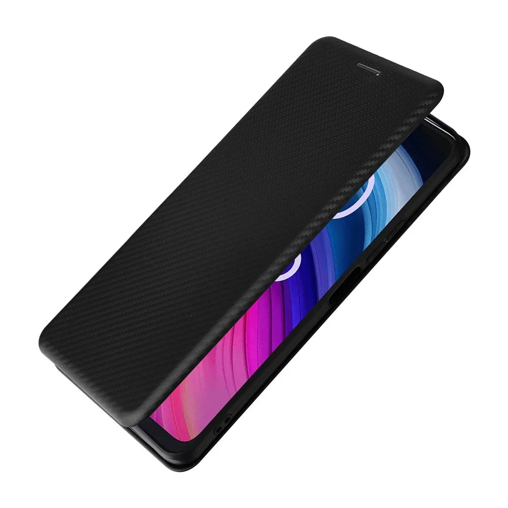 For TCL 505 Phone Case Carbon Fiber Texture Leather Magnetic Closing Shell - Black - 5
