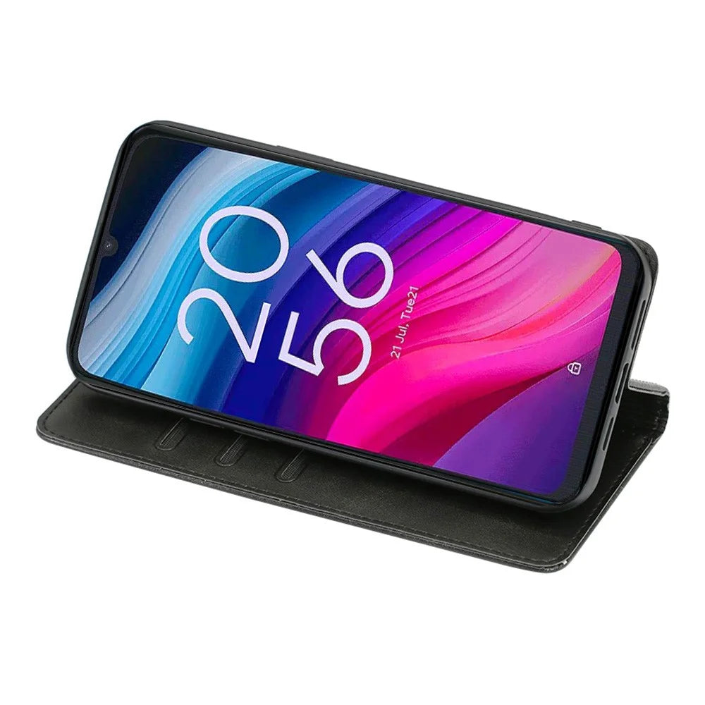 For TCL 505 Case Card Holder Calf Texture Bump Proof Phone Stand Cover - Black - 3