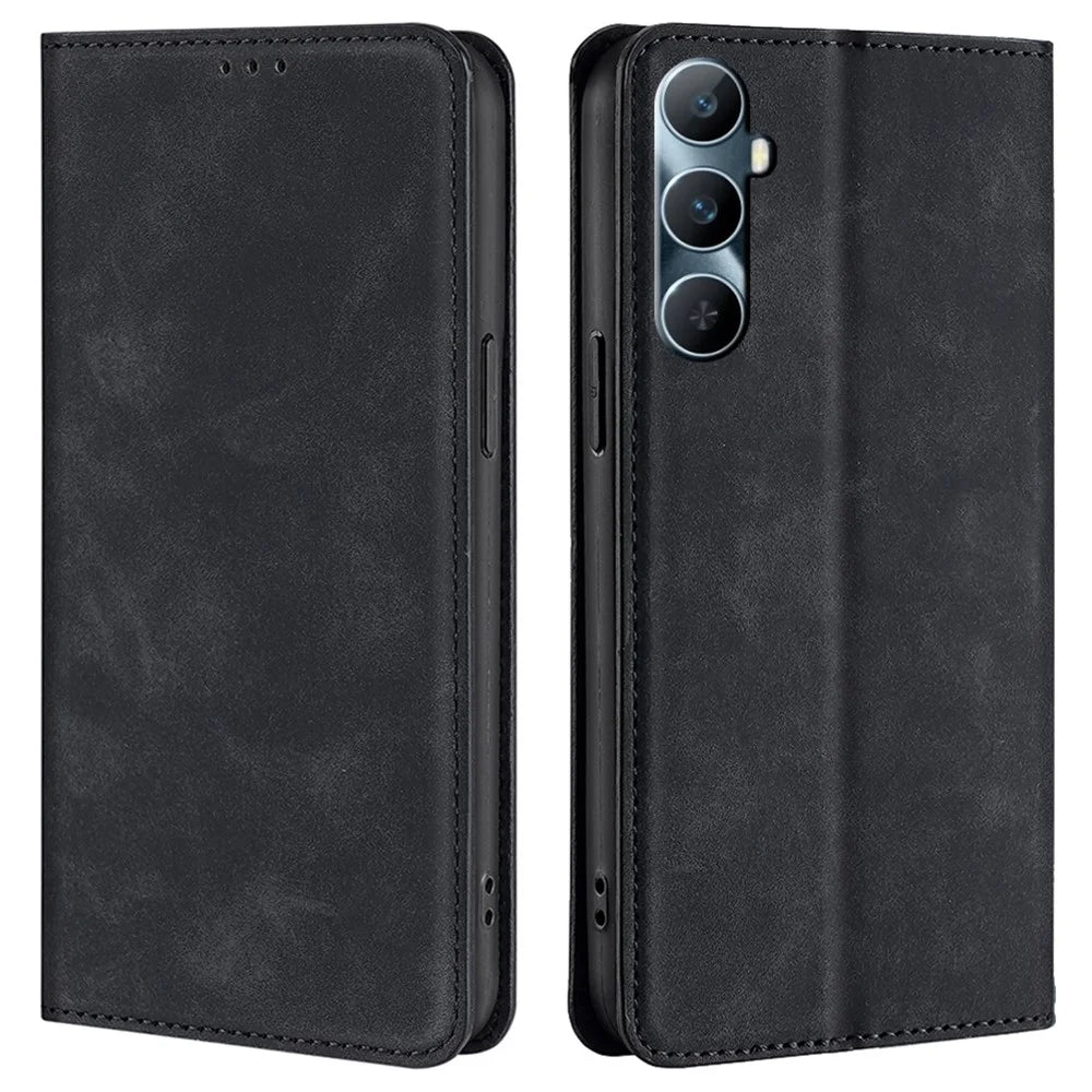 For Realme C65 4G PU Leather Cover Card Slots Magnetic Closure Shockproof Phone Case - Black - 1
