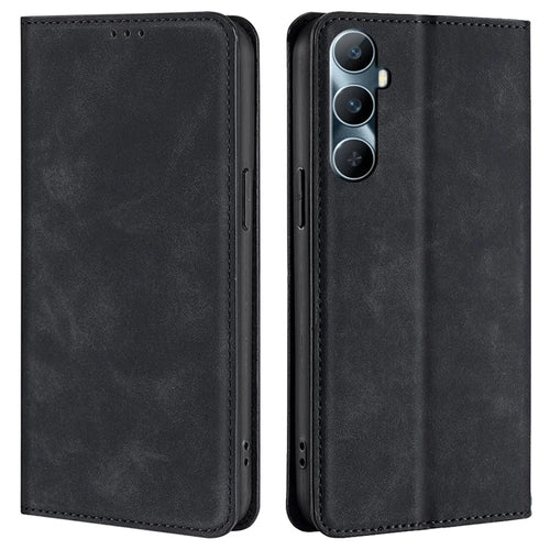 For Realme C65 4G PU Leather Cover Card Slots Magnetic Closure Shockproof Phone Case - Black - 1