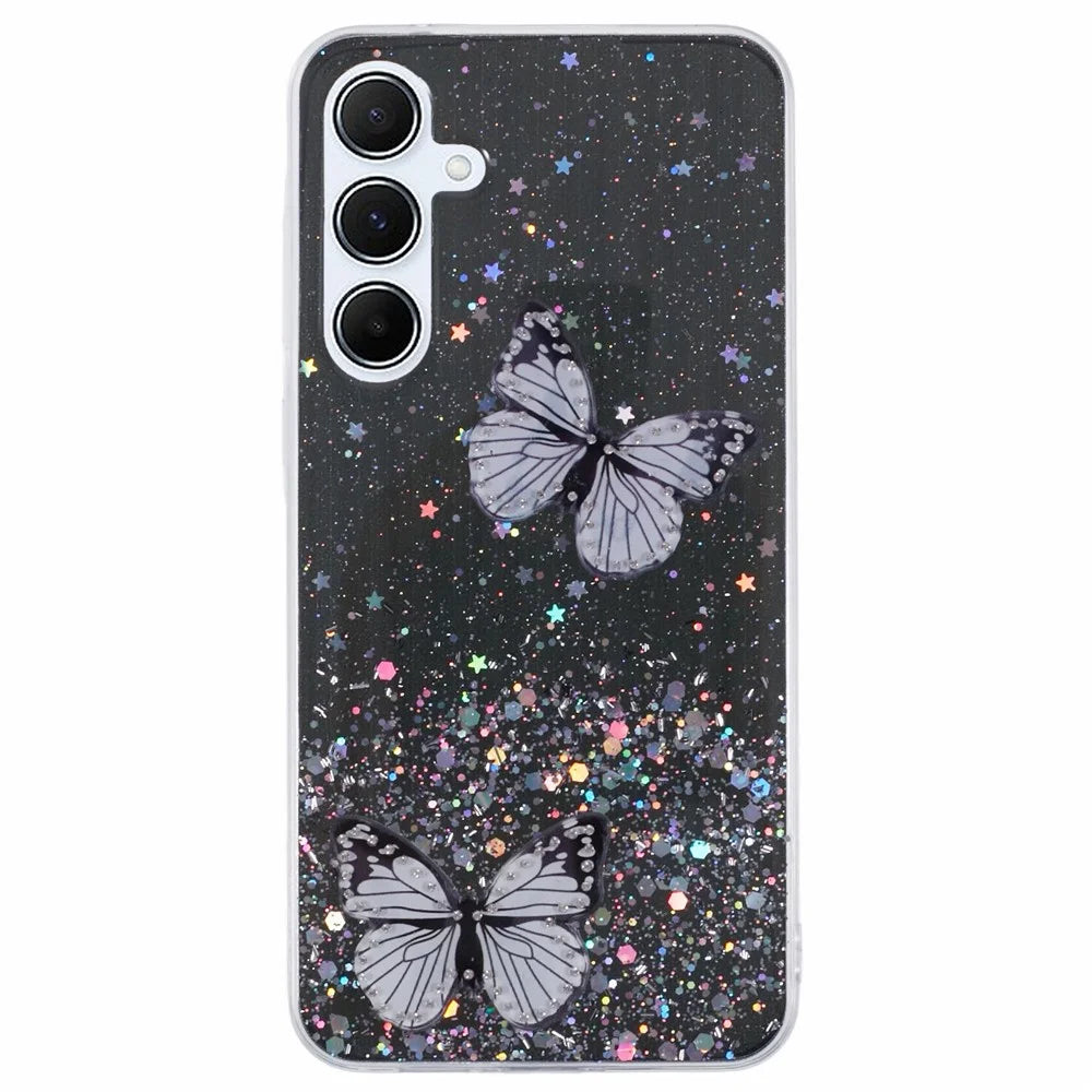 AW Series For Samsung Galaxy A35 5G Slim Case Butterfly Pattern TPU+PVC Phone Shell - Black - 1
