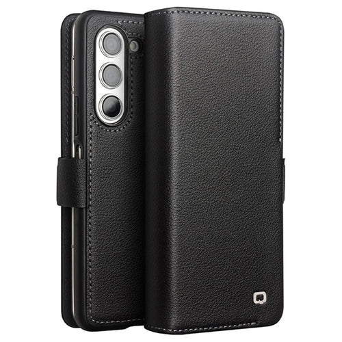 QIALINO For Samsung Galaxy Z Fold5 5G Case Genuine Cow Leather Wallet Phone Shell Magnetic Phone Cover - Black - 1