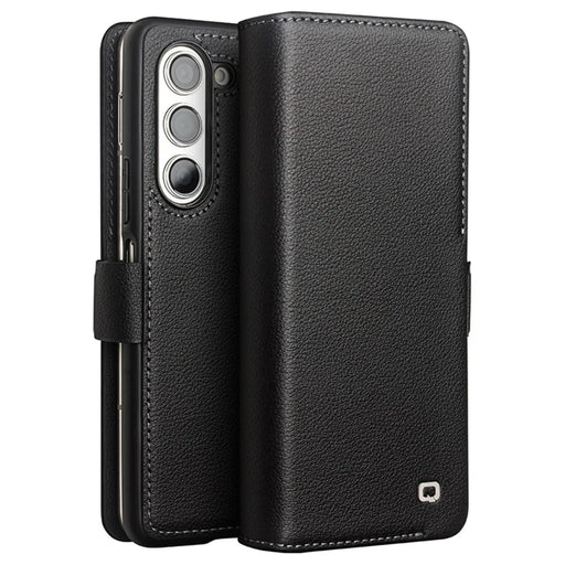 QIALINO For Samsung Galaxy Z Fold5 5G Case Genuine Cow Leather Wallet Phone Shell Magnetic Phone Cover - Black - 1