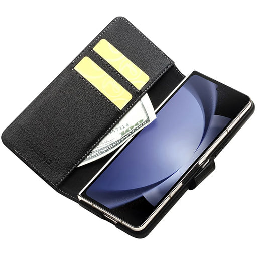 QIALINO For Samsung Galaxy Z Fold5 5G Case Genuine Cow Leather Wallet Phone Shell Magnetic Phone Cover - Black - 2