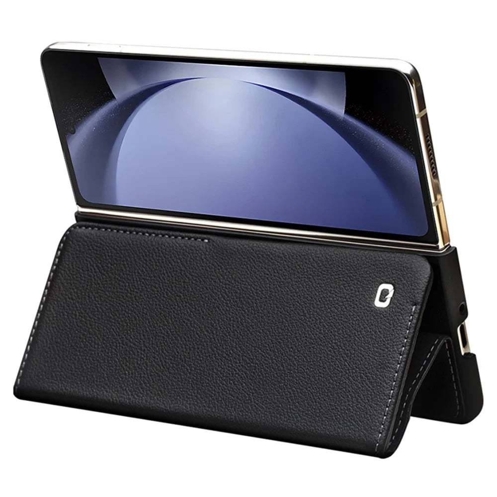 QIALINO For Samsung Galaxy Z Fold5 5G Case Genuine Cow Leather Wallet Phone Shell Magnetic Phone Cover - Black - 3