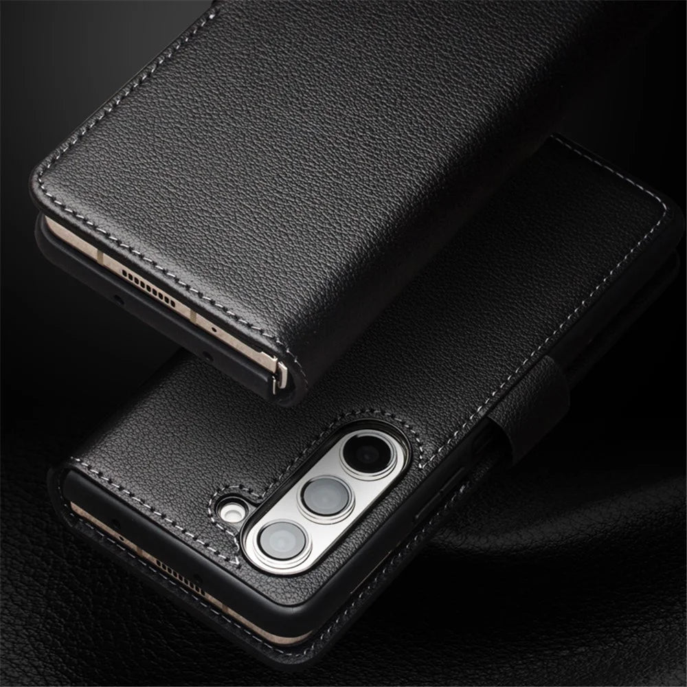 QIALINO For Samsung Galaxy Z Fold5 5G Case Genuine Cow Leather Wallet Phone Shell Magnetic Phone Cover - Black - 6