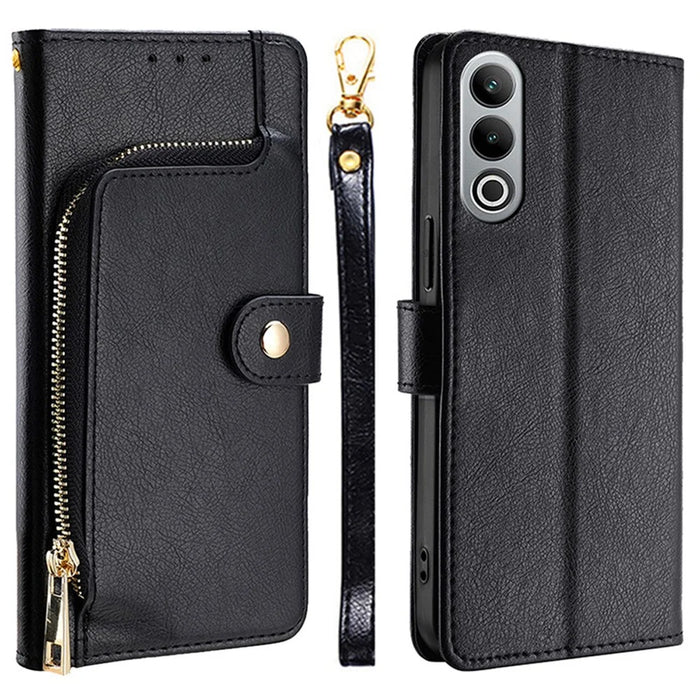 For OnePlus Nord CE4 5G Case PU Leather Folding Stand Phone Cover Zipper Wallet Purse - Black - 1
