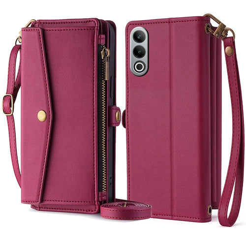 For OnePlus Nord CE4 5G Case Zipper Wallet Stand Leather Phone Cover with Adjustable Lanyard - Red - 1
