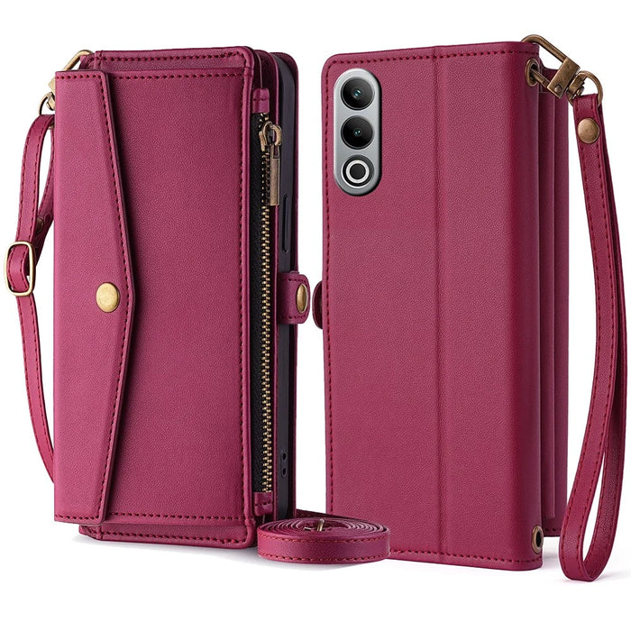 For OnePlus Nord CE4 5G Case Zipper Wallet Stand Leather Phone Cover with Adjustable Lanyard - Red - 1