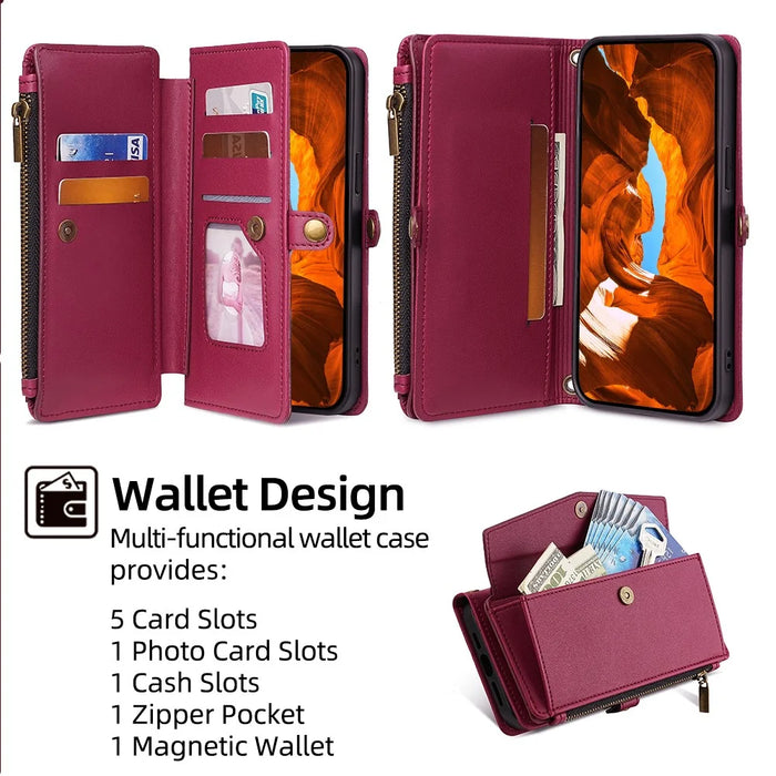 For OnePlus Nord CE4 5G Case Zipper Wallet Stand Leather Phone Cover with Adjustable Lanyard - Red - 4
