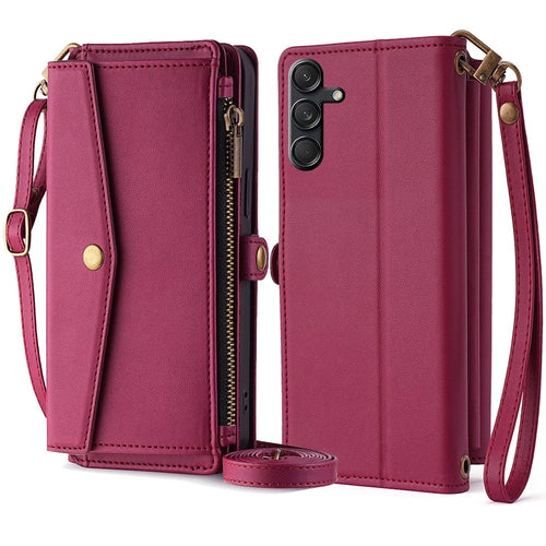 For Samsung Galaxy M55 5G / C55 5G / F55 5G Stand Case with 6 Card Slots Leather Wallet Handbag Phone Cover - Red - 1