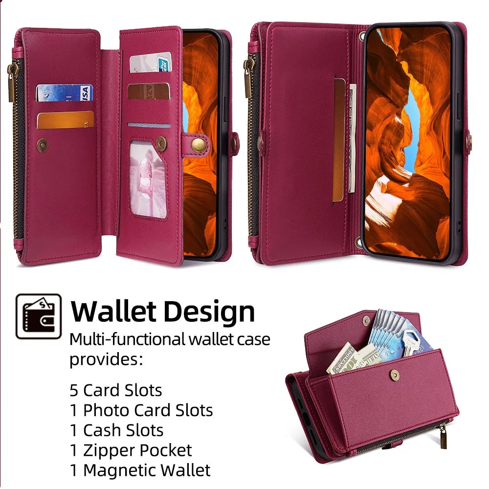For Samsung Galaxy M55 5G / C55 5G / F55 5G Stand Case with 6 Card Slots Leather Wallet Handbag Phone Cover - Red - 4