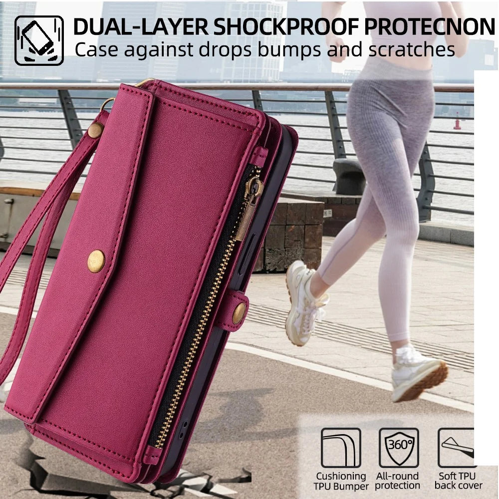 For Samsung Galaxy M55 5G / C55 5G / F55 5G Stand Case with 6 Card Slots Leather Wallet Handbag Phone Cover - Red - 7
