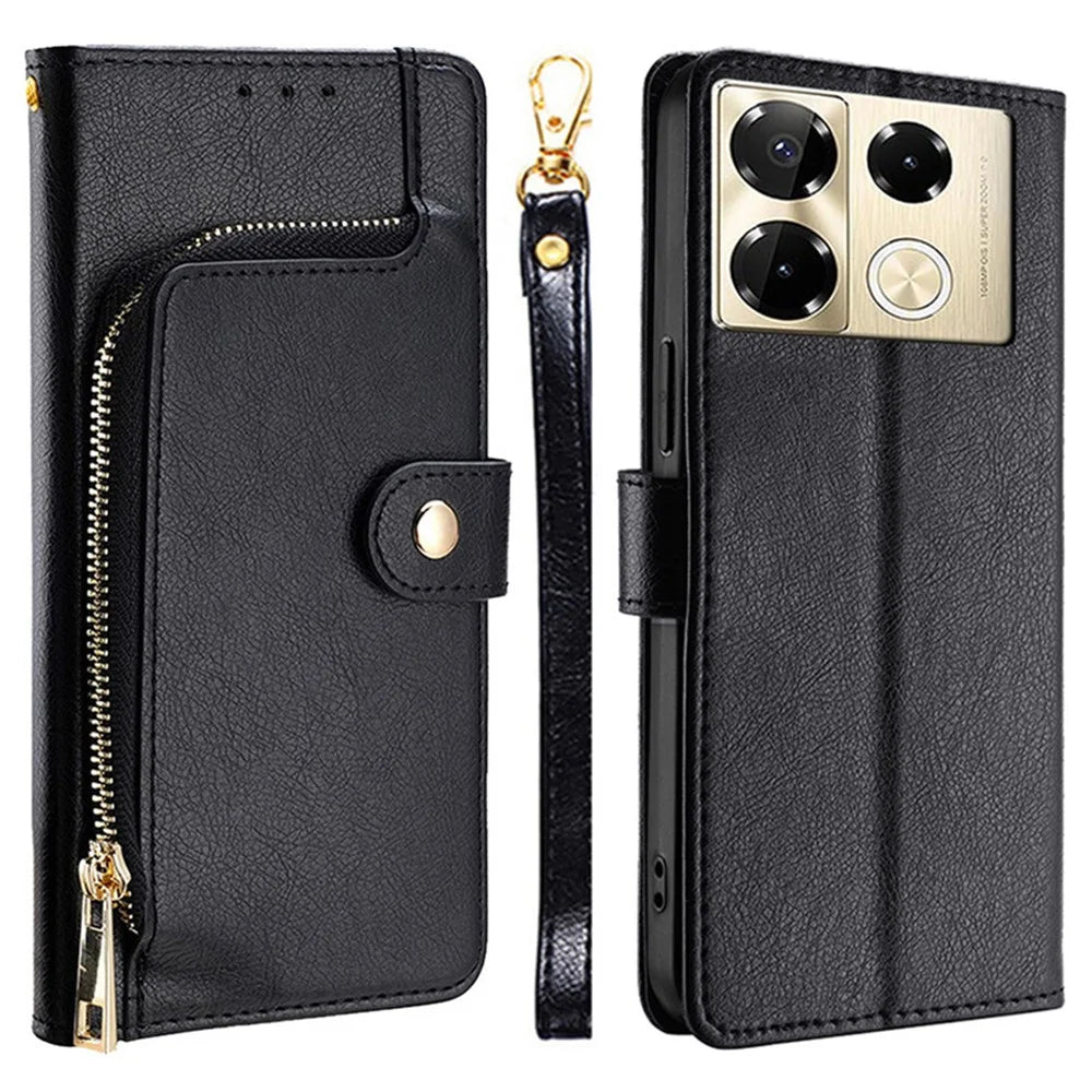 Phone Case for Infinix Note 40 Pro 4G Zipper Pocket Stand PU Leather Cover with Strap - Black - 1