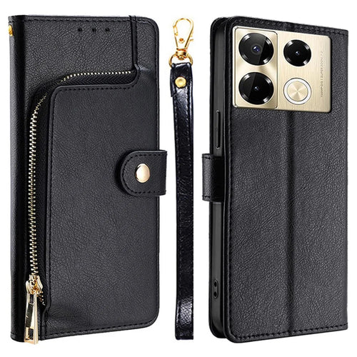 Phone Case for Infinix Note 40 Pro 4G Zipper Pocket Stand PU Leather Cover with Strap - Black - 1