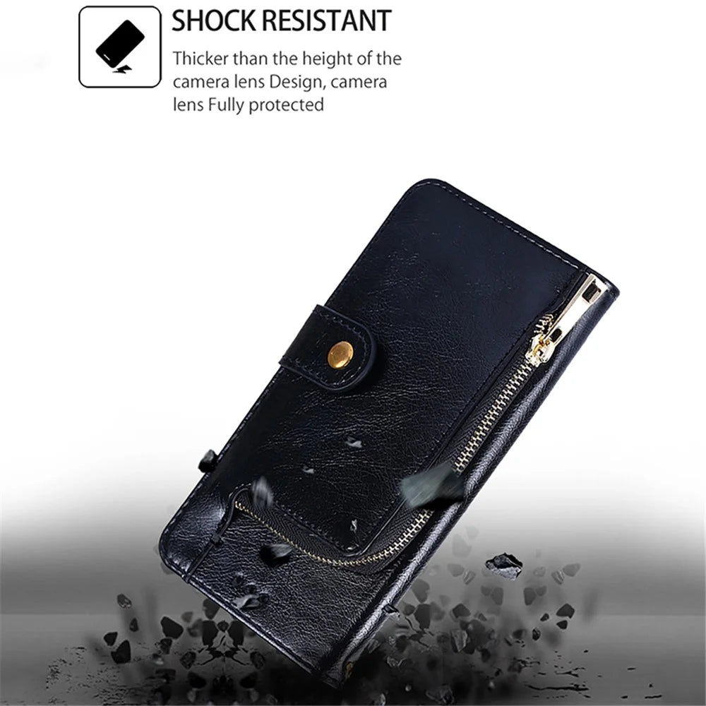 Phone Case for Infinix Note 40 Pro 4G Zipper Pocket Stand PU Leather Cover with Strap - Black - 6