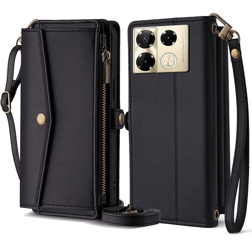 For Infinix Note 40 Pro 4G Case Zipper Pocket Flip Leather Phone Cover with 2 Straps - Black - 1