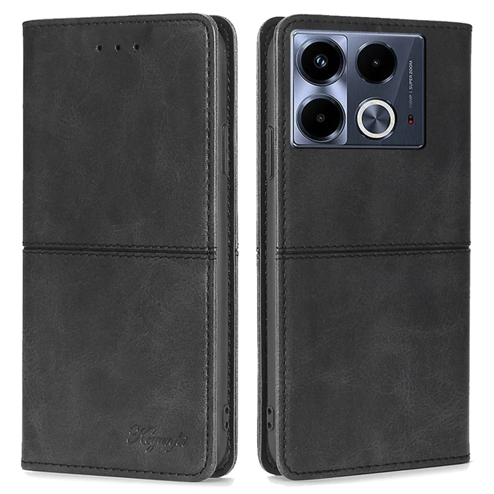 For Infinix Note 40 Case PU Leather Cowhide Texture Phone Cover Magnetic Absorption - Black - 1