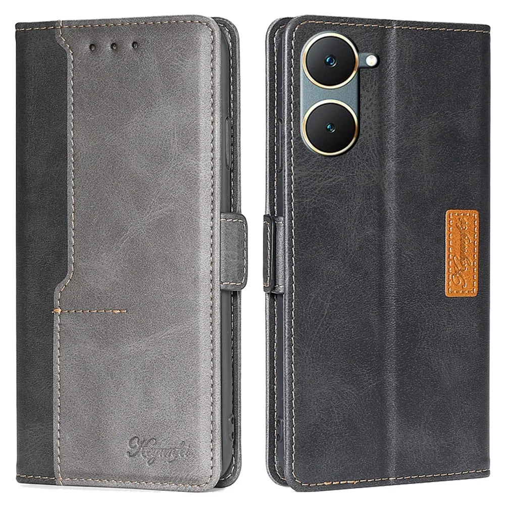 For vivo Y03 Wallet Cover Colour Splicing PU Leather Flip Folio Phone Case - Black+Grey - 1