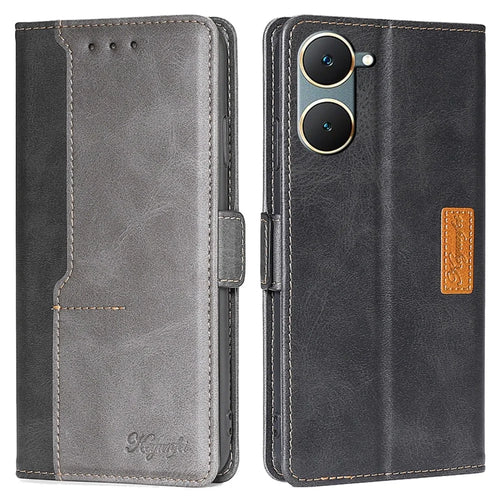 For vivo Y03 Wallet Cover Colour Splicing PU Leather Flip Folio Phone Case - Black+Grey - 1