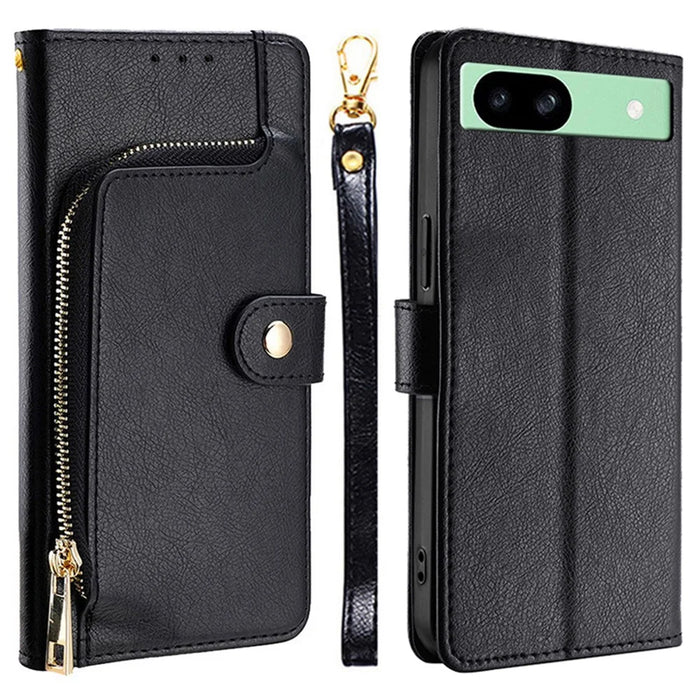 For Google Pixel 8a Phone Case Zipper Pocket PU Leather Stand Cover with Strap - Black - 1