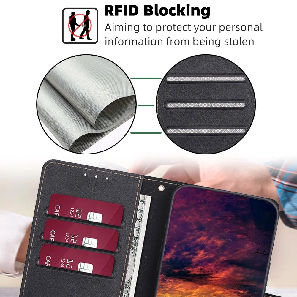 For Google Pixel 8a Case Magnetic Clasp RFID Blocking Wallet Leather Phone Cover - Black - 5