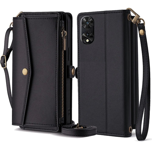 For TCL 505 Case Card Holder Zipper Wallet Folding Stand Leather Phone Cover with 2 Straps - Black - 1