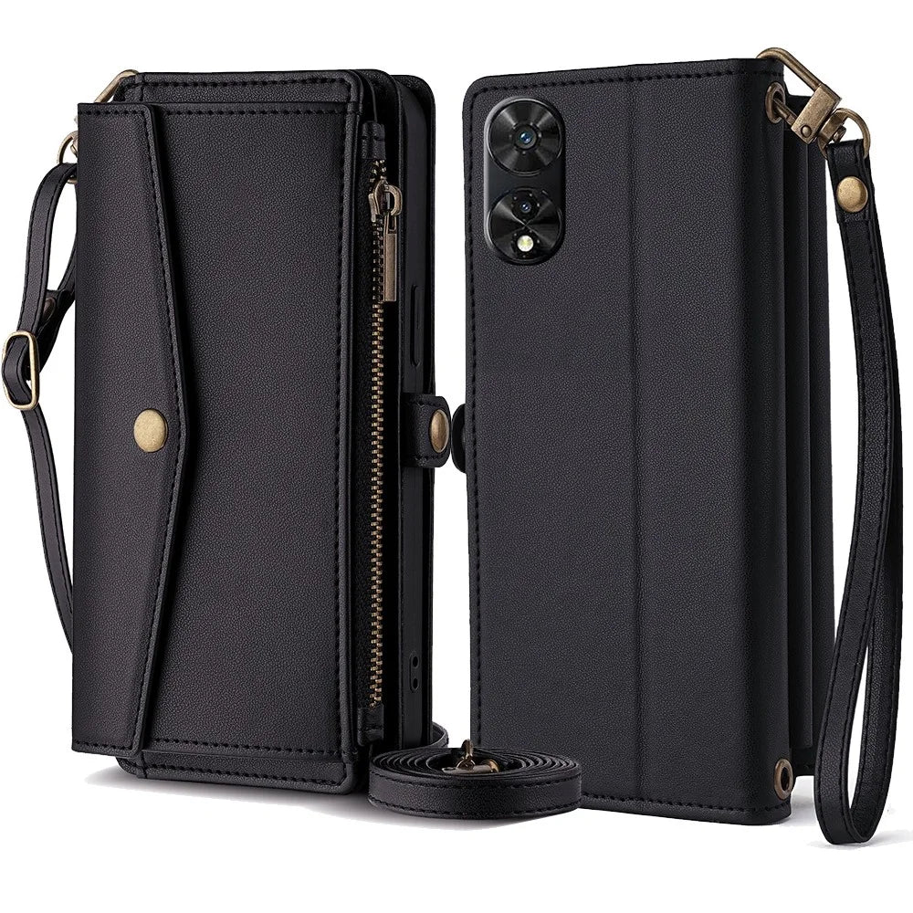 For TCL 505 Case Card Holder Zipper Wallet Folding Stand Leather Phone Cover with 2 Straps - Black - 1