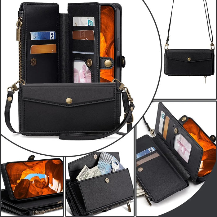 For TCL 505 Case Card Holder Zipper Wallet Folding Stand Leather Phone Cover with 2 Straps - Black - 3