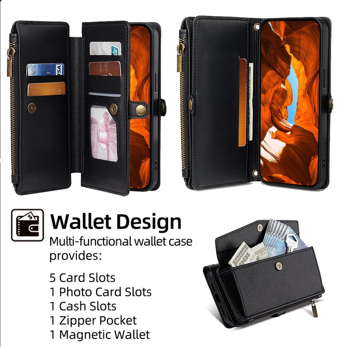 For TCL 505 Case Card Holder Zipper Wallet Folding Stand Leather Phone Cover with 2 Straps - Black - 4
