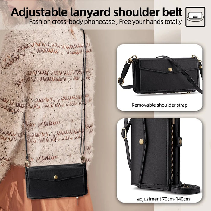 For TCL 505 Case Card Holder Zipper Wallet Folding Stand Leather Phone Cover with 2 Straps - Black - 6