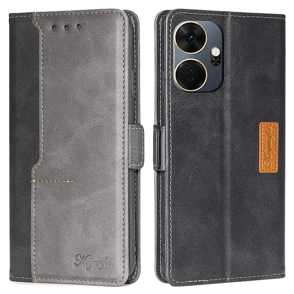 For itel P55+   Phone Case Leather Wallet Dual Color Splicing Phone Cover - Black+Grey - 1