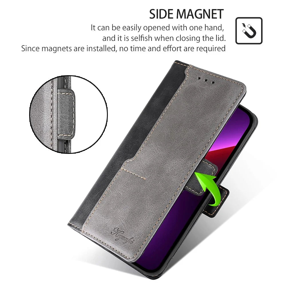 For itel P55+   Phone Case Leather Wallet Dual Color Splicing Phone Cover - Black+Grey - 4