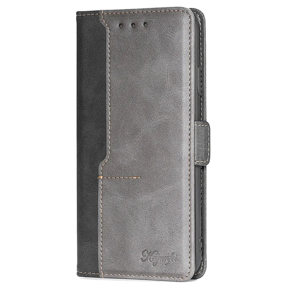 For itel P55+   Phone Case Leather Wallet Dual Color Splicing Phone Cover - Black+Grey - 7