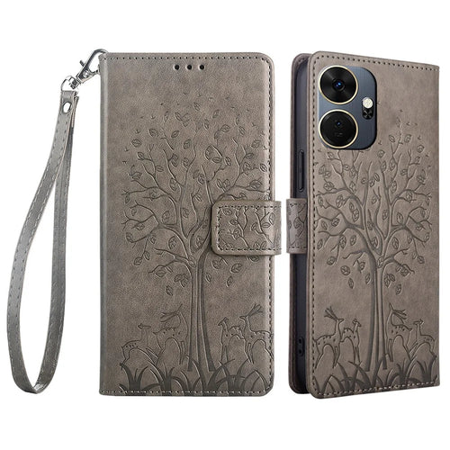 For itel P55+ Case PU Leather Deer Imprinted Flip Shockproof Wallet Phone Cover - Grey - 1