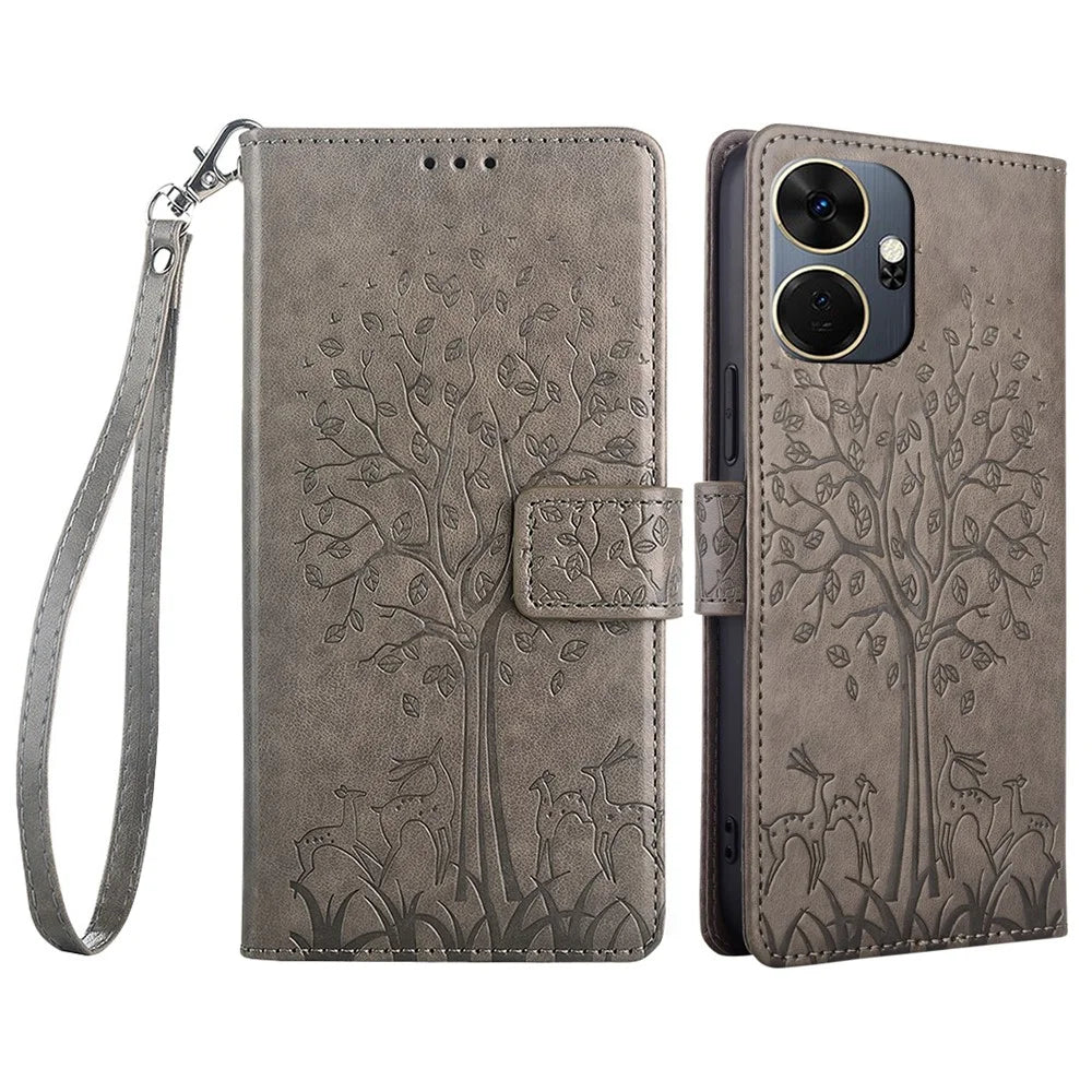 For itel P55+ Case PU Leather Deer Imprinted Flip Shockproof Wallet Phone Cover - Grey - 1