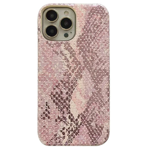 For iPhone 15 Pro Case Lacquered Snake Texture PU Leather+PC Phone Cover - Pink - 1