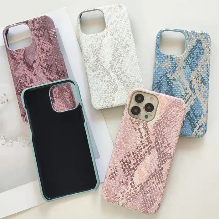 For iPhone 15 Pro Case Lacquered Snake Texture PU Leather+PC Phone Cover - Pink - 4