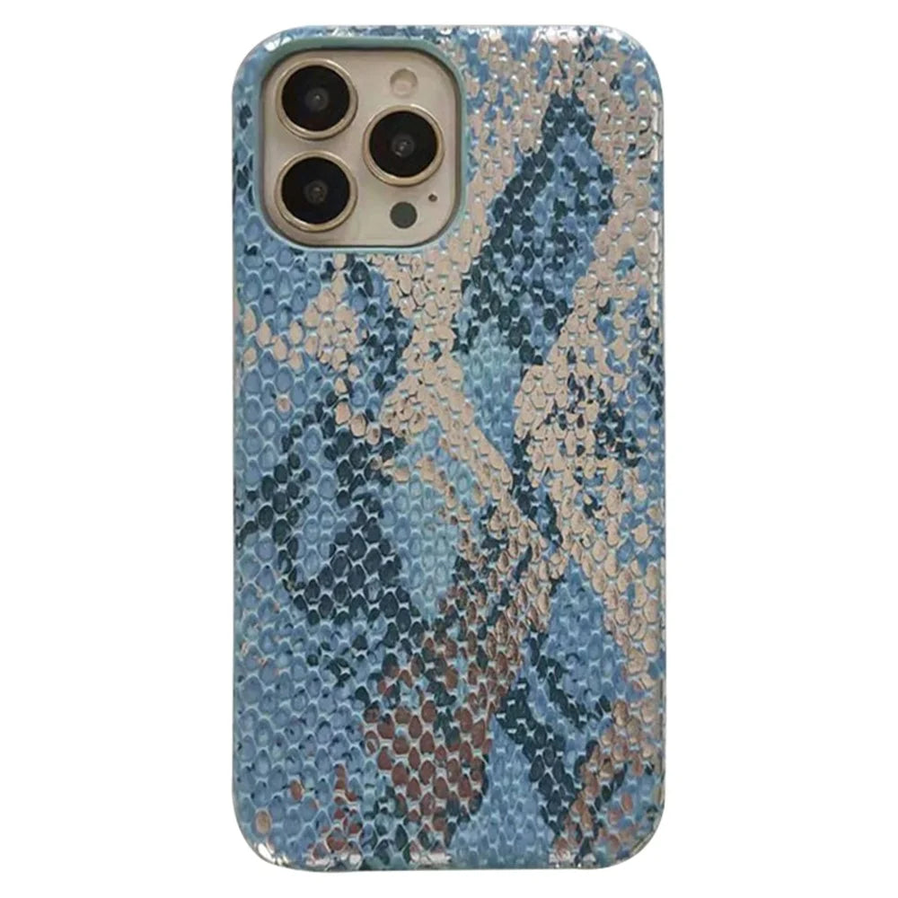 For iPhone 15 Pro Max   Mobile Supplier Phone Case Lacquered Snake Texture PU Leather+PC Cover - Sky Blue - 1