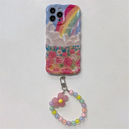 For iPhone 15 Pro Flower Rainbow Pattern Mobile Phone Case Solid Silicone Phone Shell - Rose - 1