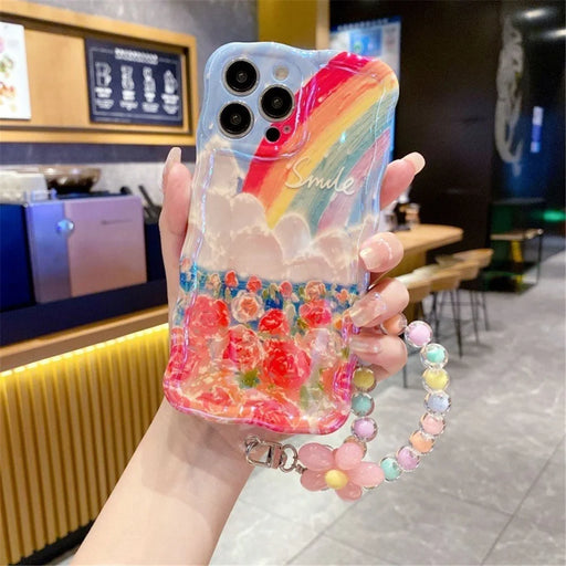 For iPhone 15 Pro Flower Rainbow Pattern Mobile Phone Case Solid Silicone Phone Shell - Rose - 2
