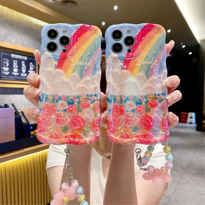 For iPhone 15 Pro Flower Rainbow Pattern Mobile Phone Case Solid Silicone Phone Shell - Rose - 5