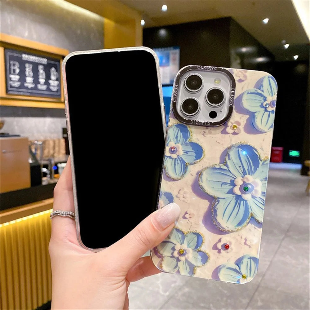 For iPhone 15 Pro Case PC+TPU+Metal Phone Shell Rhinestone Decor Cell Phone Cover with PC Lens Film - White Flower - 3