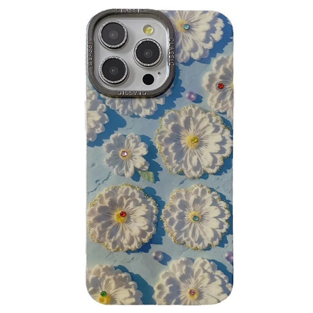 For iPhone 15 Pro Max Mobile Phone Case Pattern PC+TPU+Metal Phone Shell with PC Lens Film - White Flower - 1