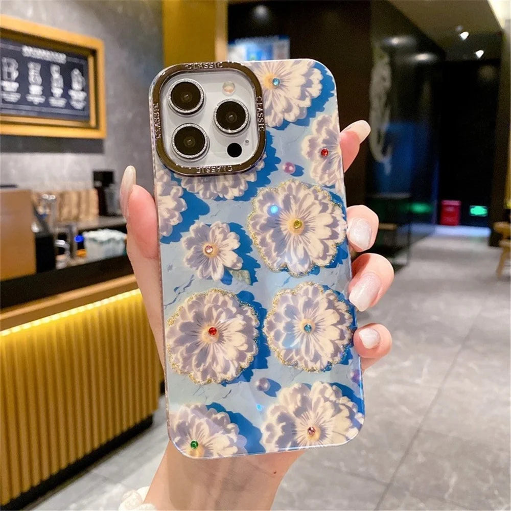 For iPhone 15 Pro Max Mobile Phone Case Pattern PC+TPU+Metal Phone Shell with PC Lens Film - White Flower - 2