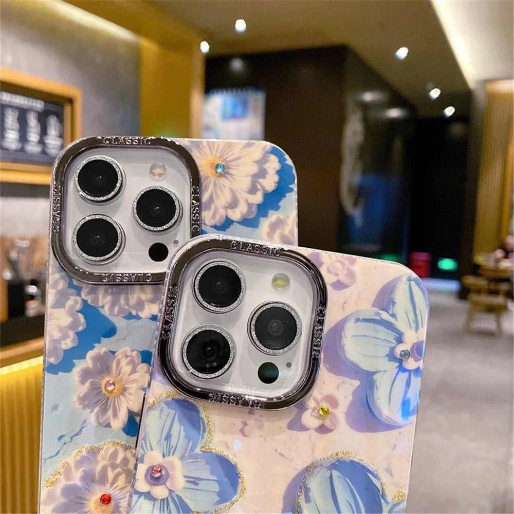 For iPhone 15 Pro Max Mobile Phone Case Pattern PC+TPU+Metal Phone Shell with PC Lens Film - White Flower - 5