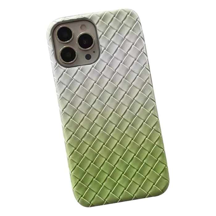 For iPhone 15 Pro Max Woven Texture PU Leather+PC Phone Case Slim Gradient Color Phone Cover - Green - 1