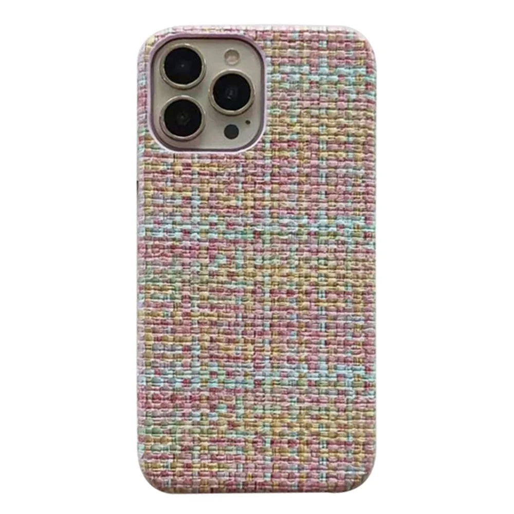 For iPhone 15 Pro Max Phone Shell Heat Dissipation PC+PU Leather Phone Case Straw Mat Texture - Pink - 1